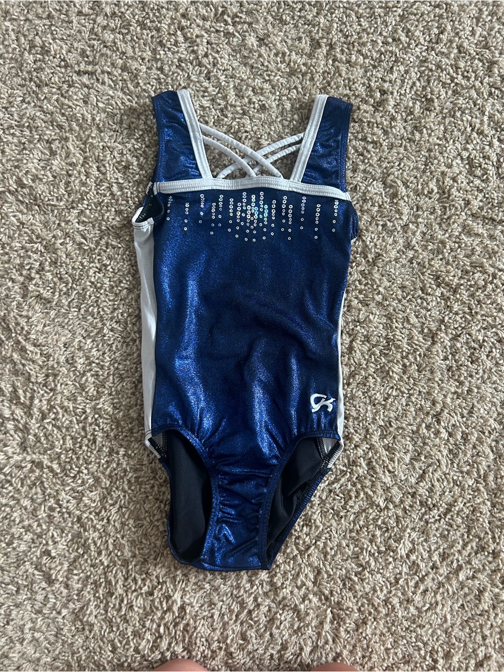 GK Navy Metallic Leotard with Silver Trim and Crisscross Back